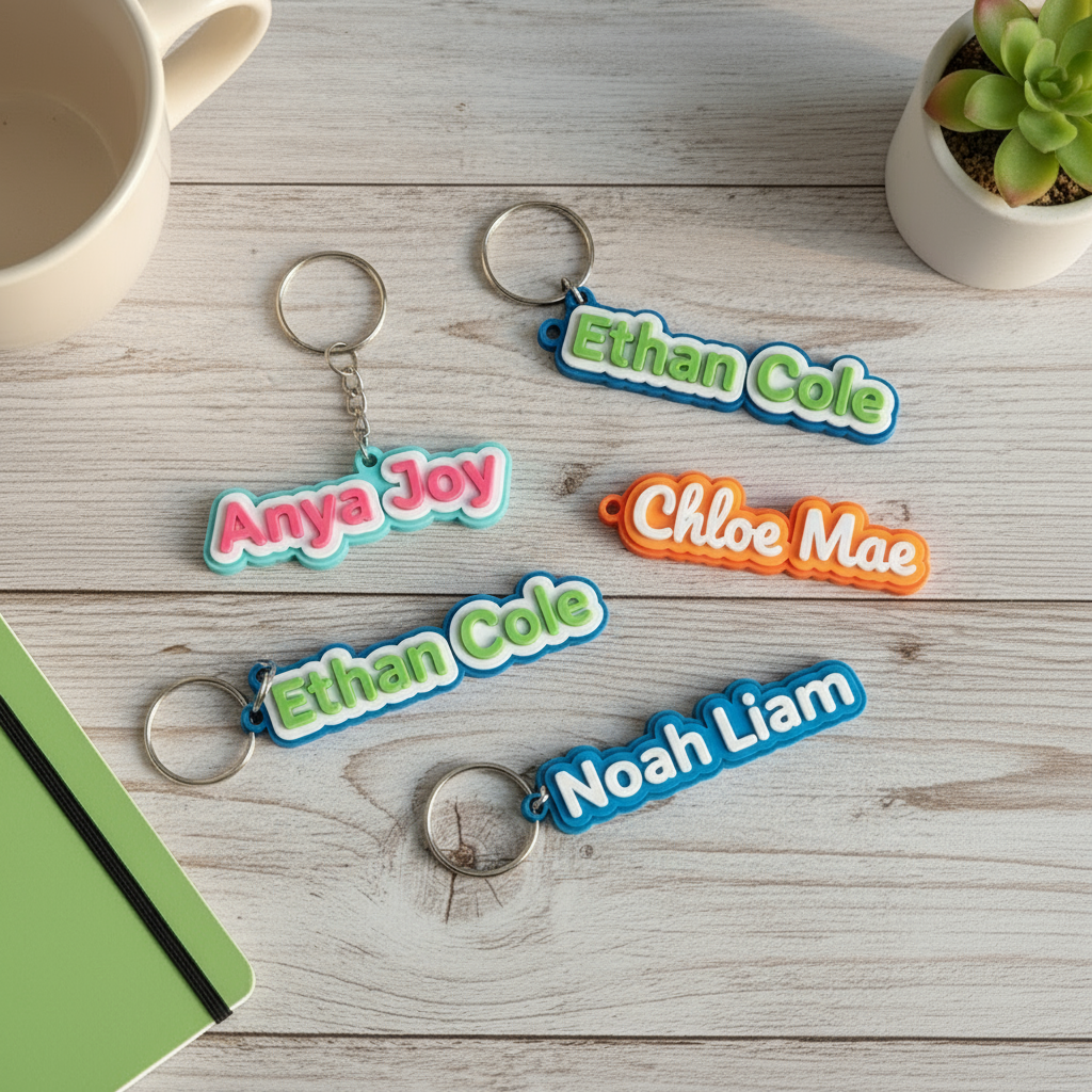 Personalised keychains attached to kids gym bag and lunch box - colorful custom name tags